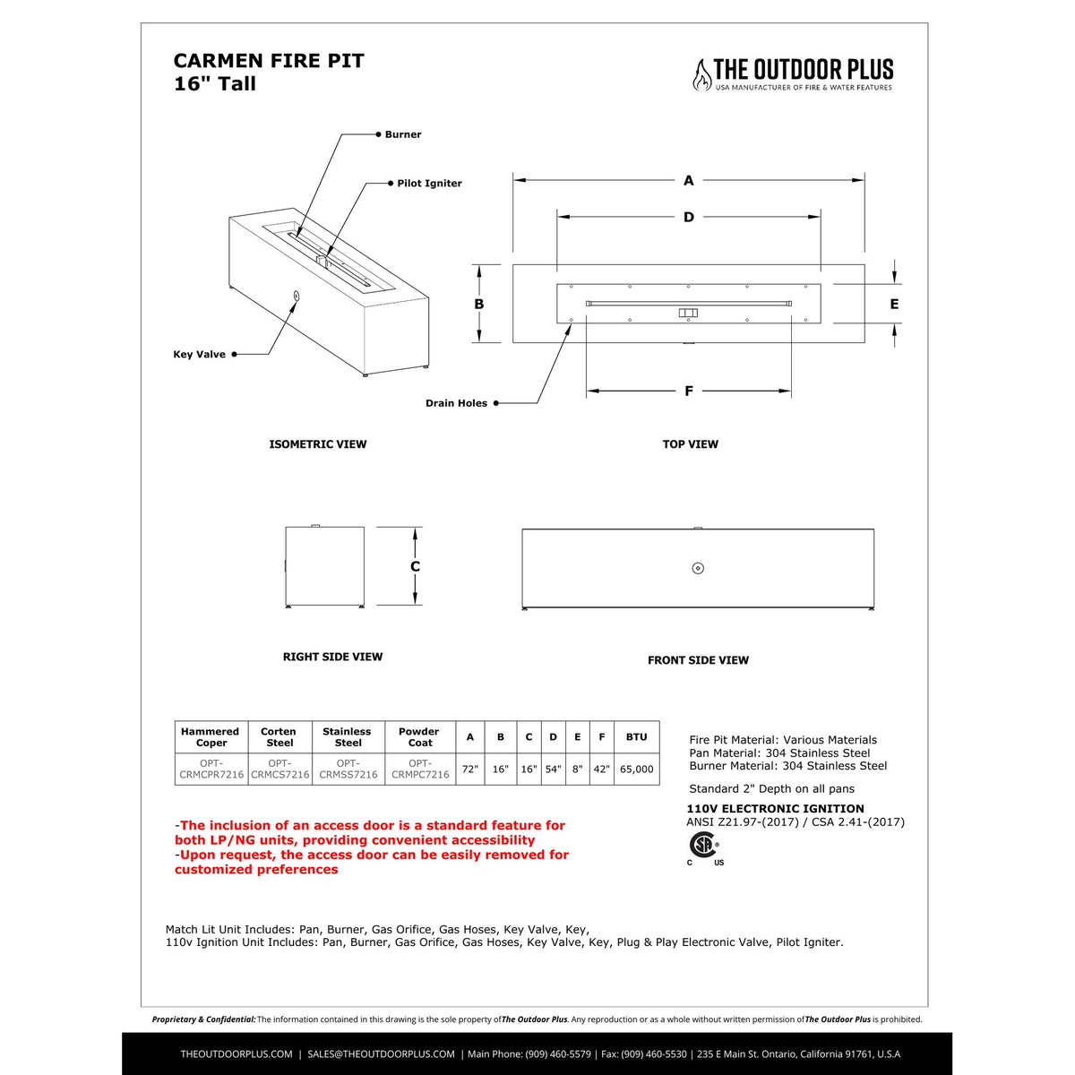 Carmen Fire Pit 16" Tall spec sheet with dimensions