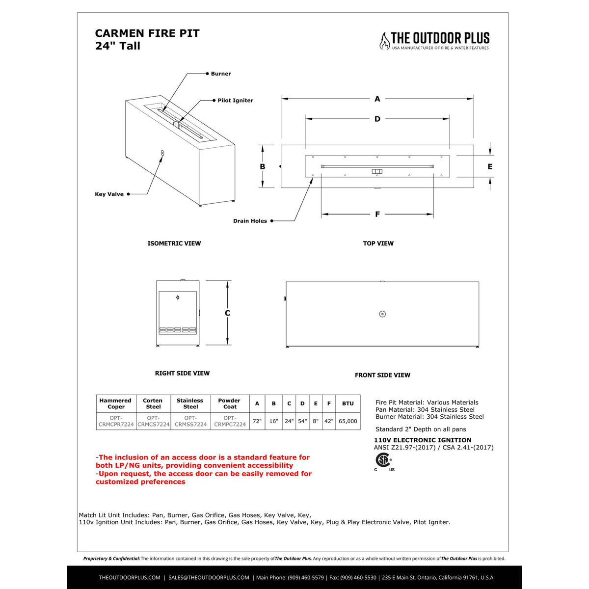 Carmen Fire Pit 24" Tall spec sheet with dimensions