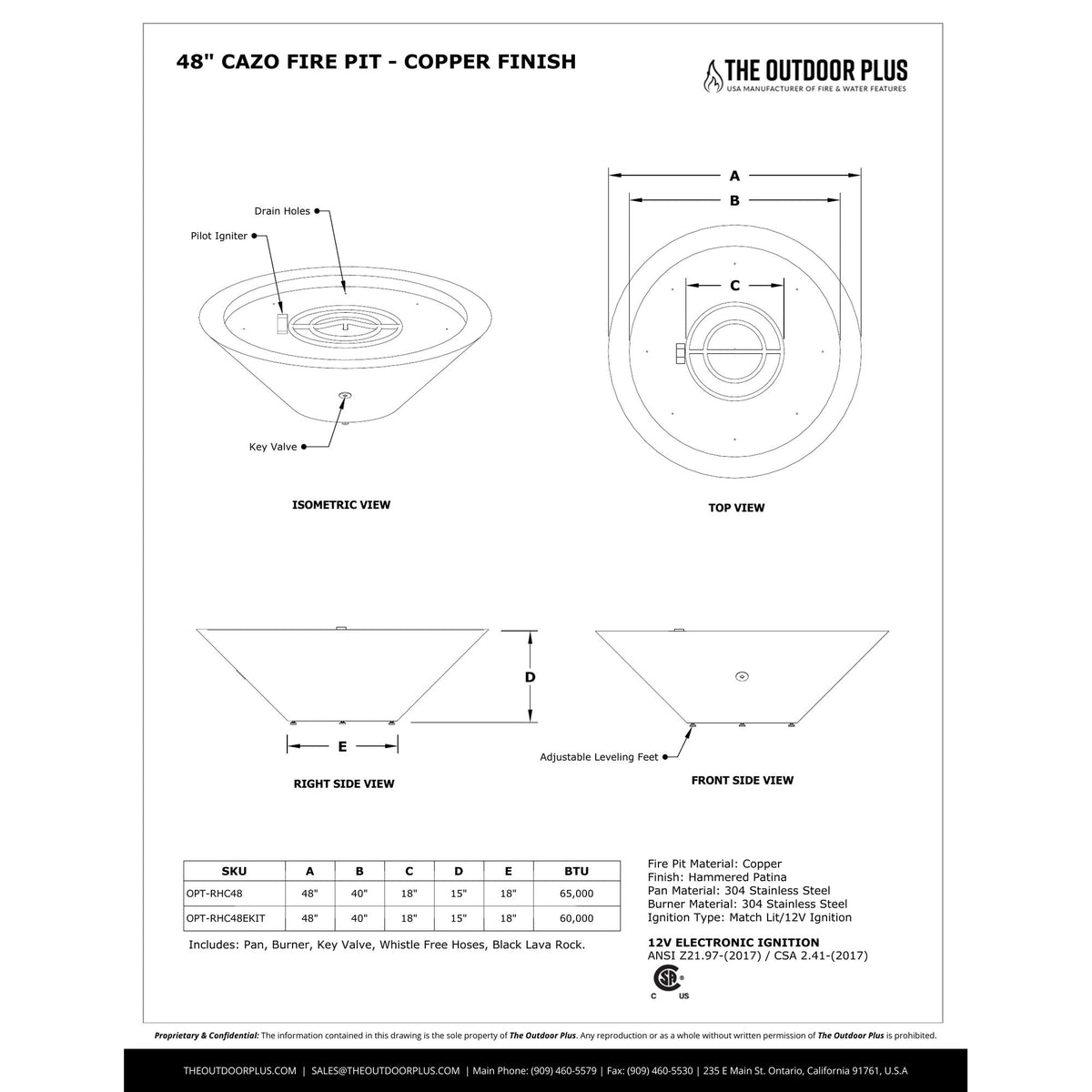 Cazo Narrow Ledge Fire Pit spec sheet with dimensions