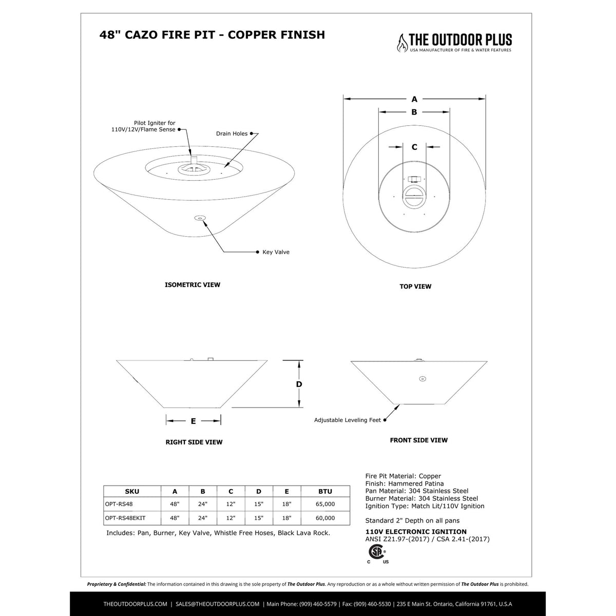 Cazo Wide Ledge Fire Pit spec sheet with dimensions