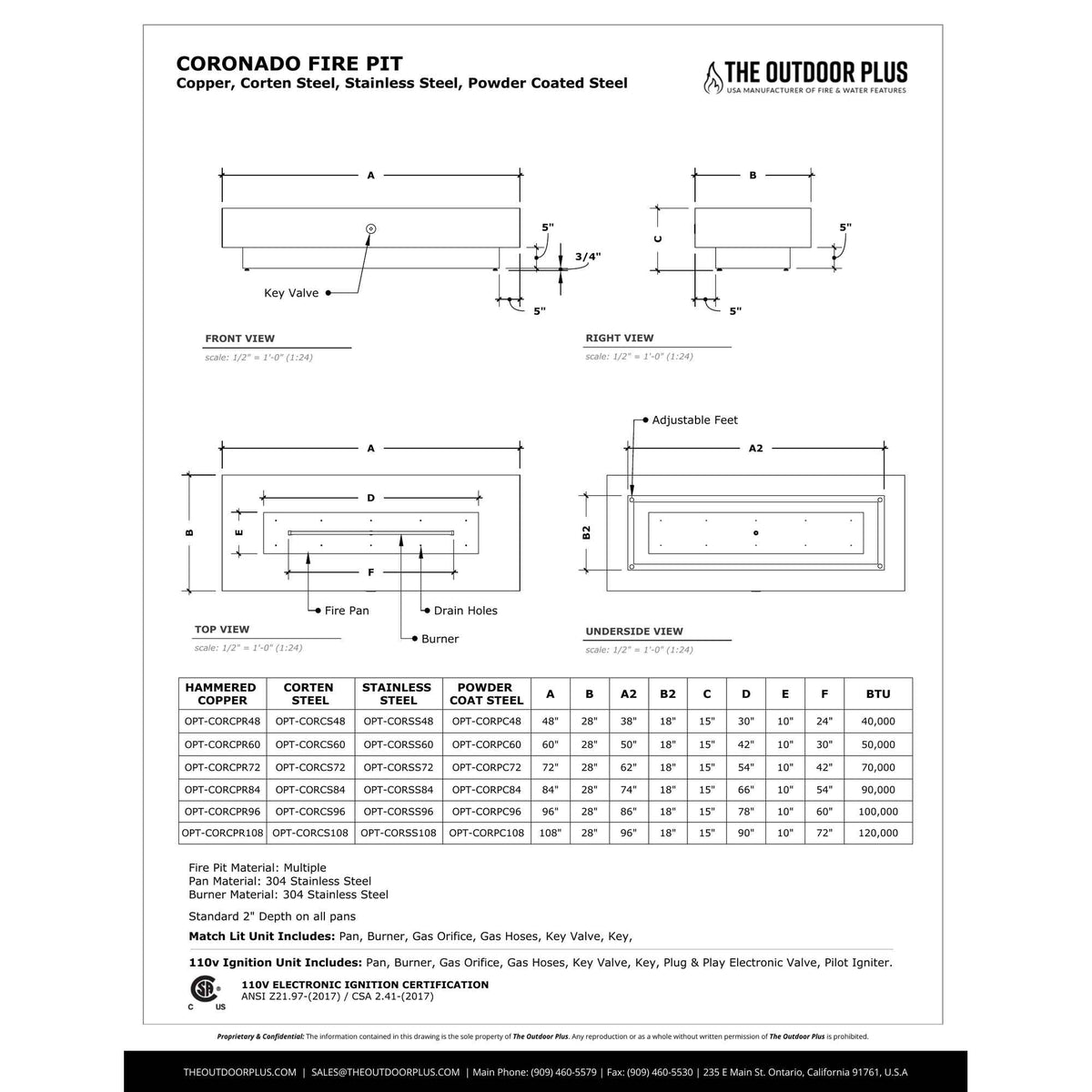 Coronado Fire Pit spec sheet with dimensions