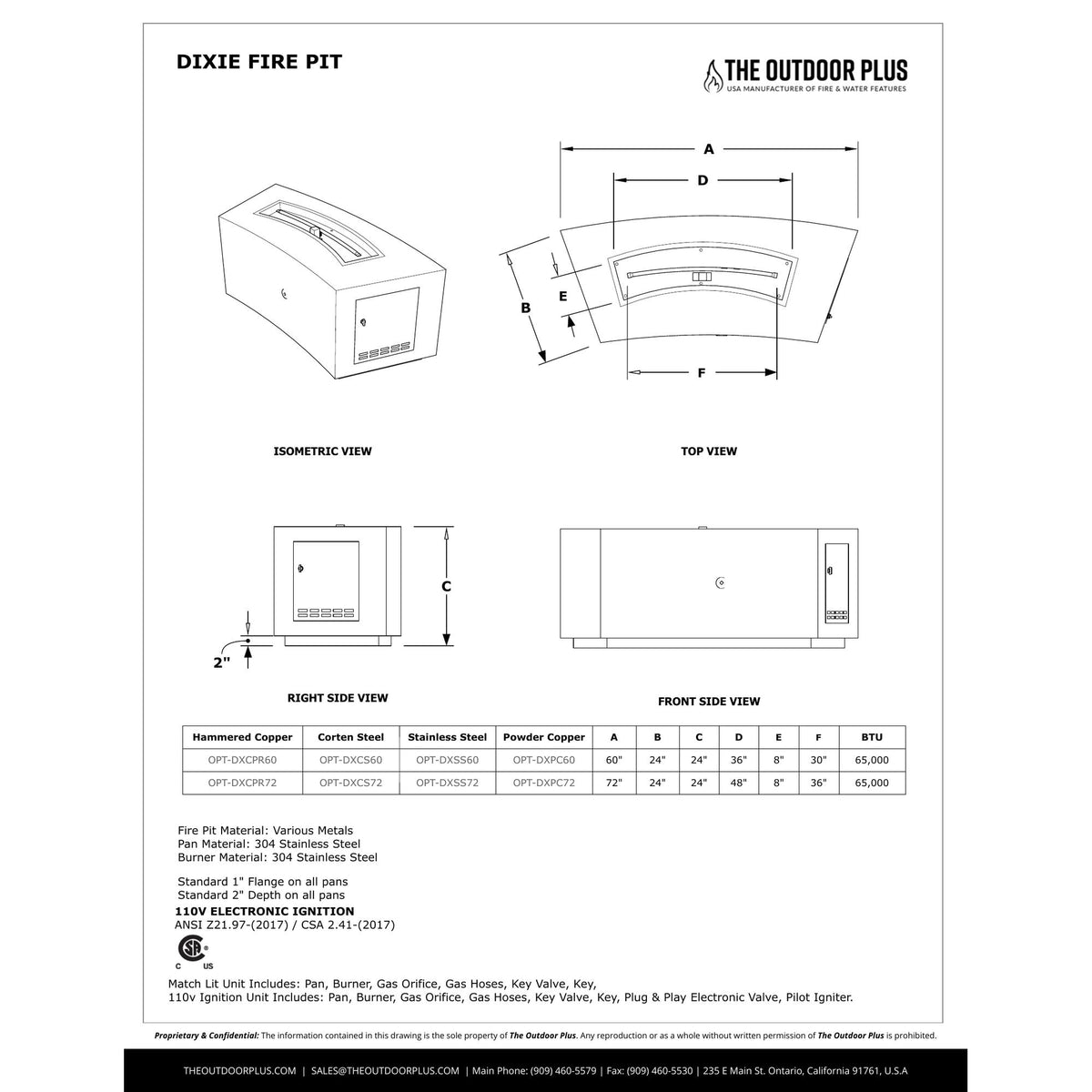 Dixie Fire Pit spec sheet with dimensions