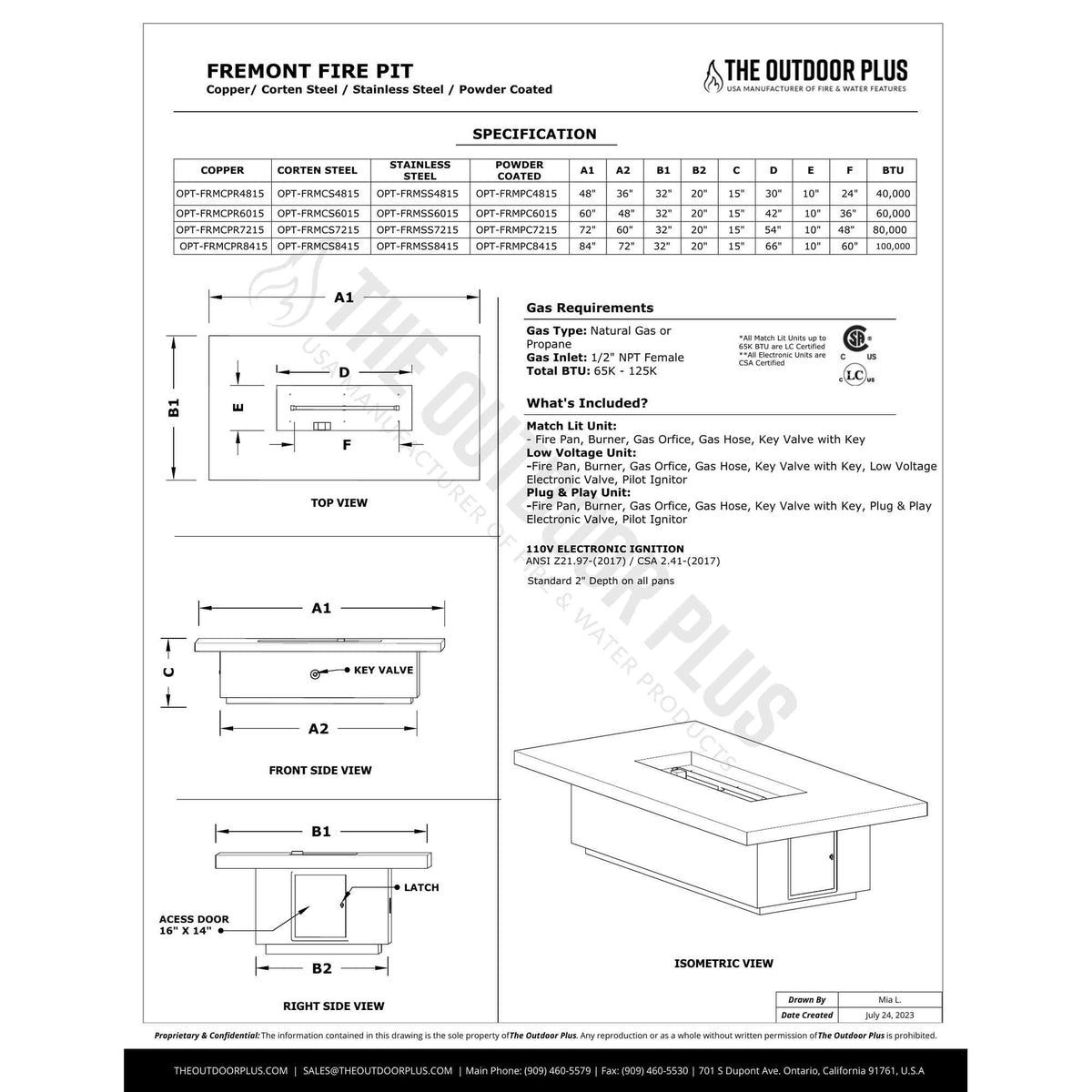 Fremont Fire Pit 15" Tall spec sheet with dimensions