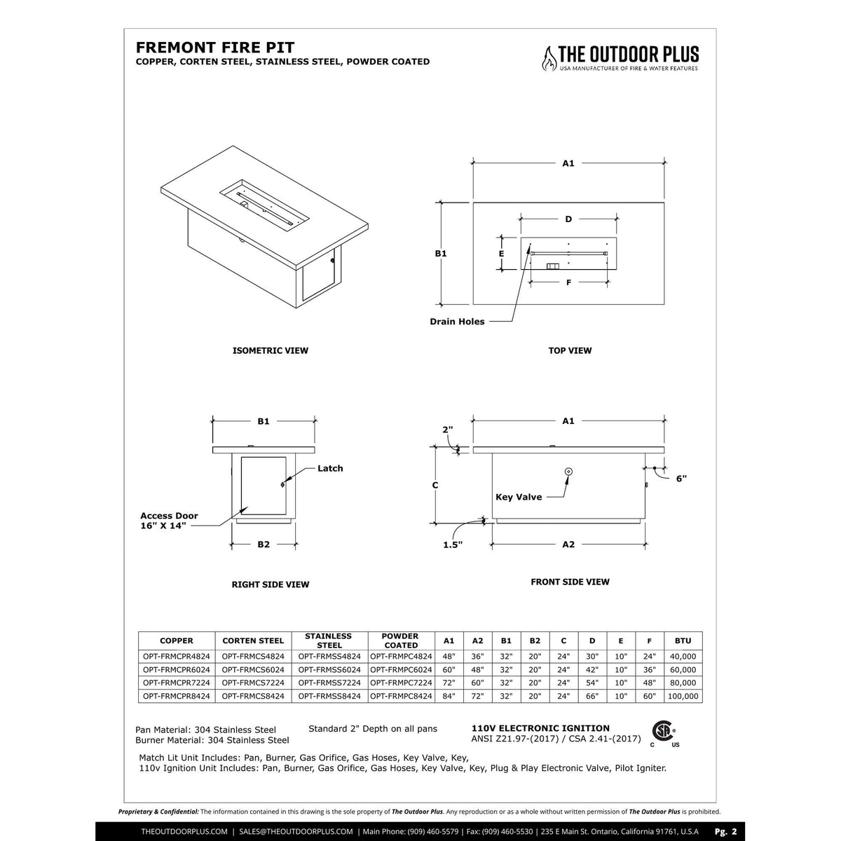 Fremont Fire Pit 24" Tall spec sheet with dimensions