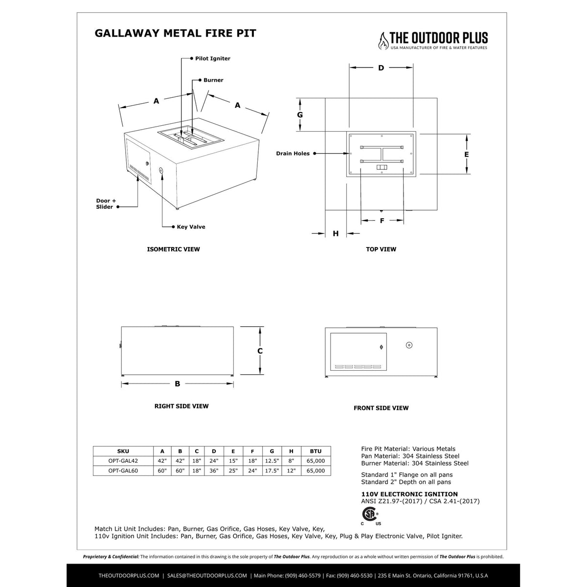 Gallaway Fire Pit spec sheet with dimensions