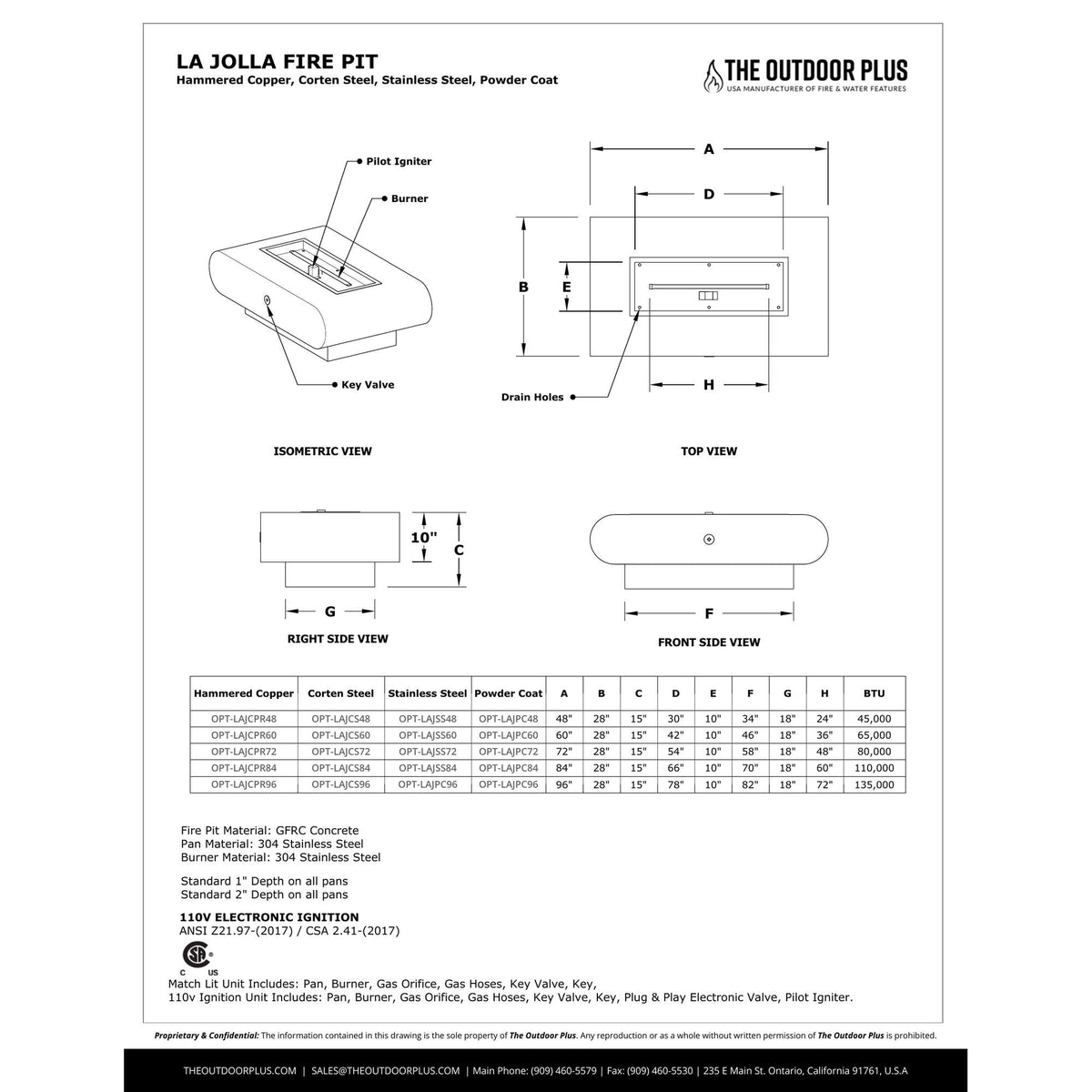 La Jolla Fire Pit spec sheet with dimensions