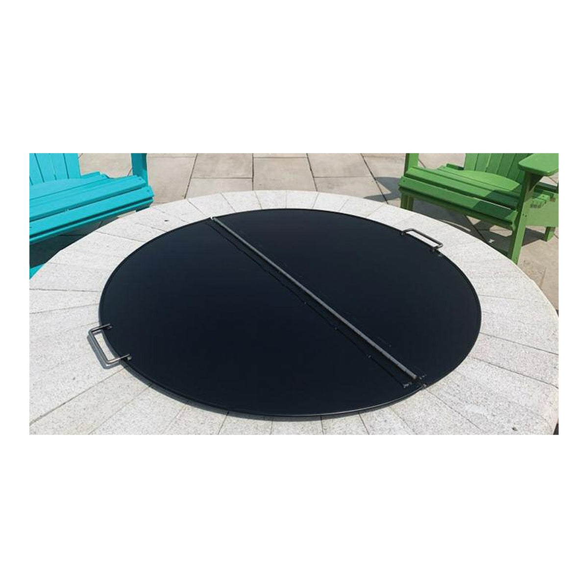 Master Flame round folding fire pit cover on a stone fire pit, black finish with stainless steel hinge