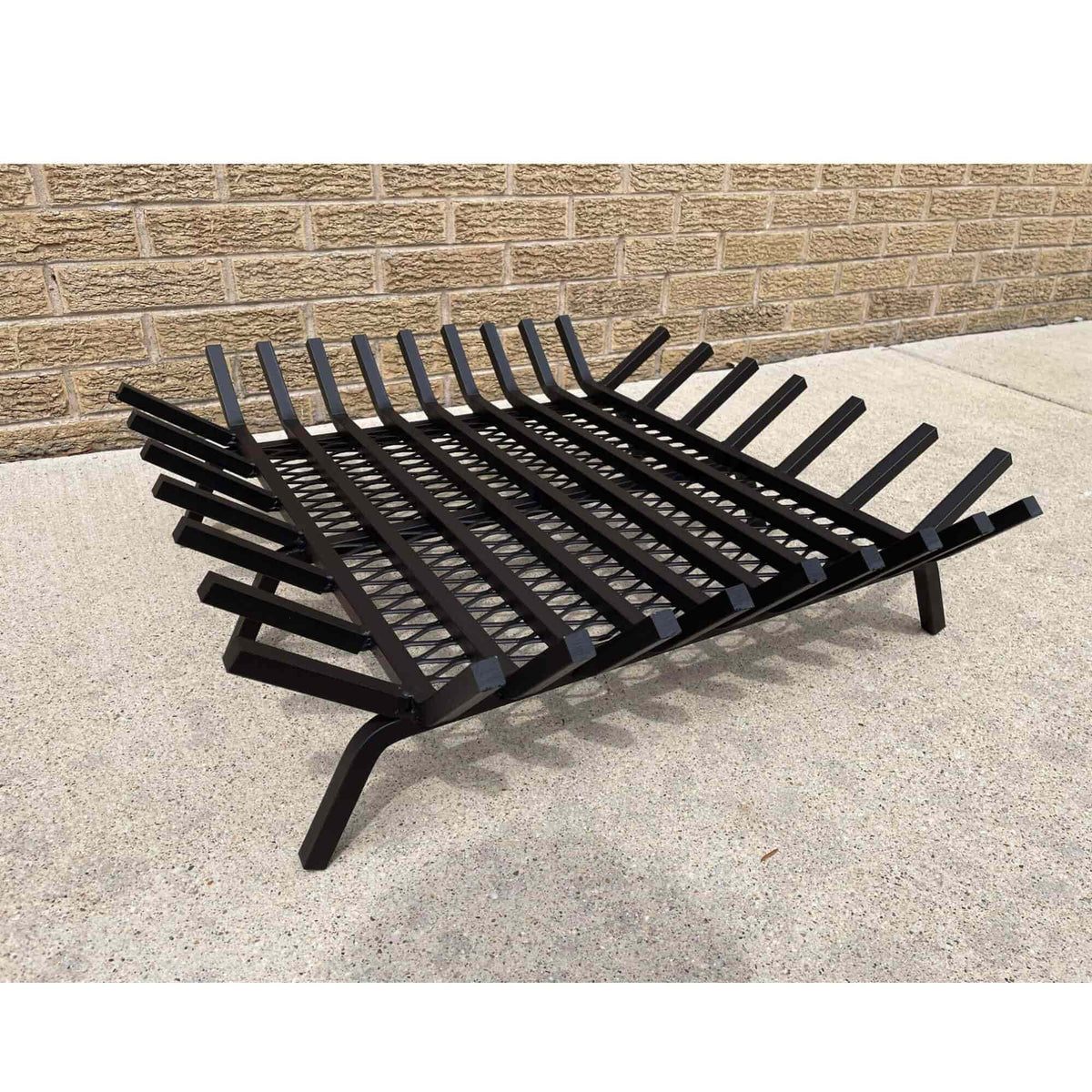 Master Flame square fire pit grate with Char-Guard ember catch, side view