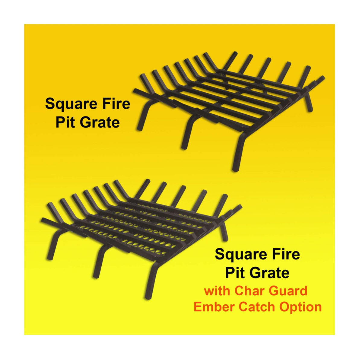 Master Flame square fire pit grate shown with and without the Char-Guard ember catch option