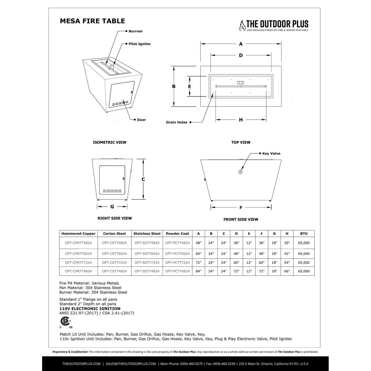Mesa Fire Table spec sheet with dimensions