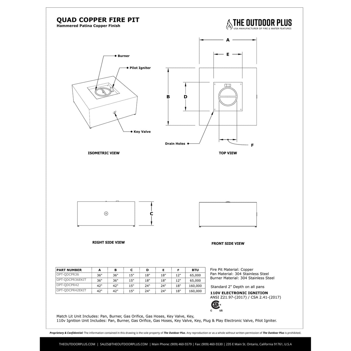 Quad Fire Pit spec sheet with dimensions