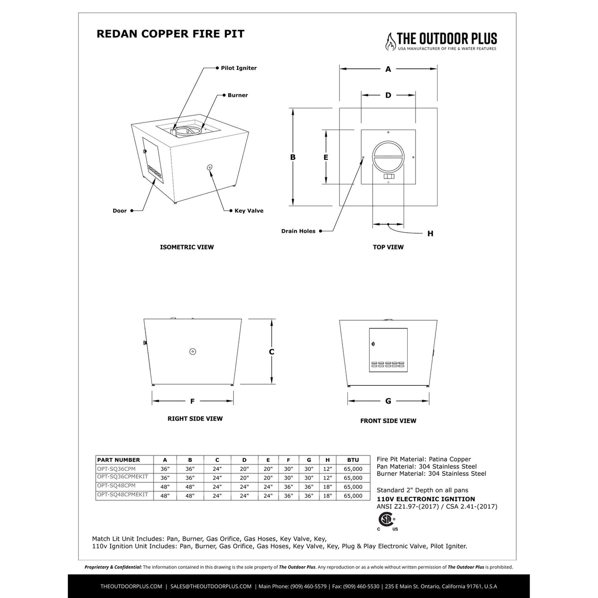 Redan Fire Pit spec sheet with dimensions