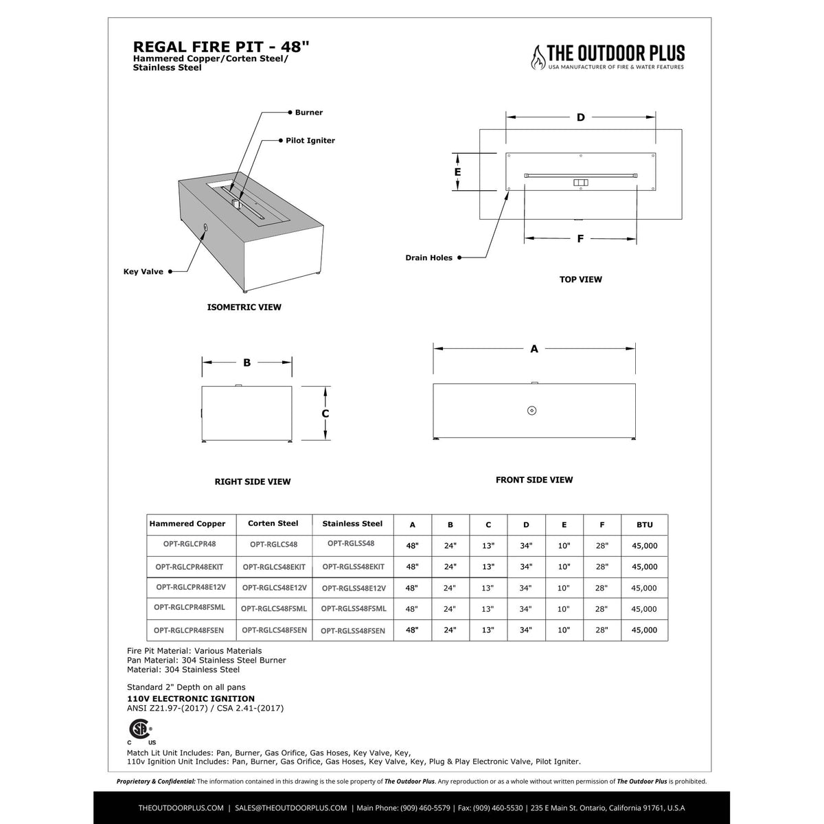 Regal Fire Pit 48" spec sheet with dimensions