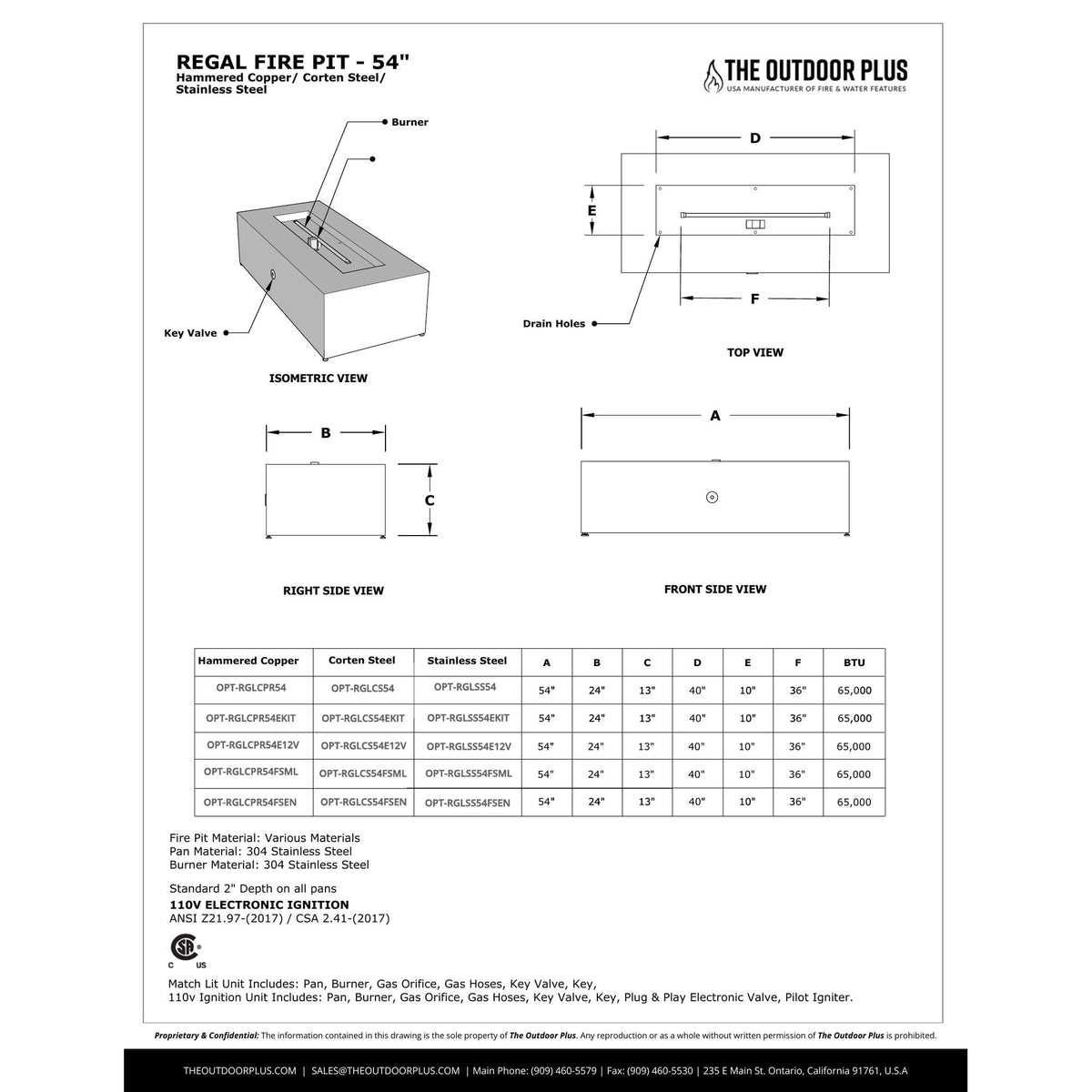 Regal Fire Pit 54" spec sheet with dimensions