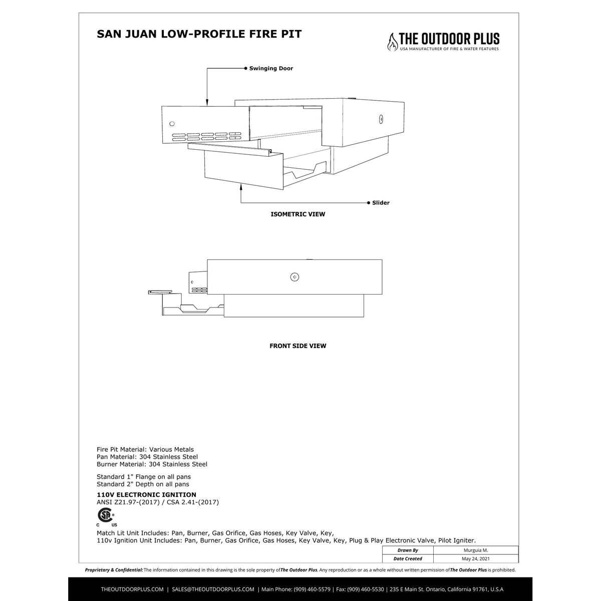 San Juan Fire Pit (page 2 of 2) spec sheet with dimensions
