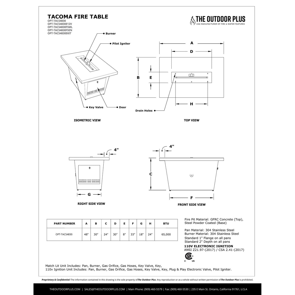 Tacoma Fire Table spec sheet with dimensions