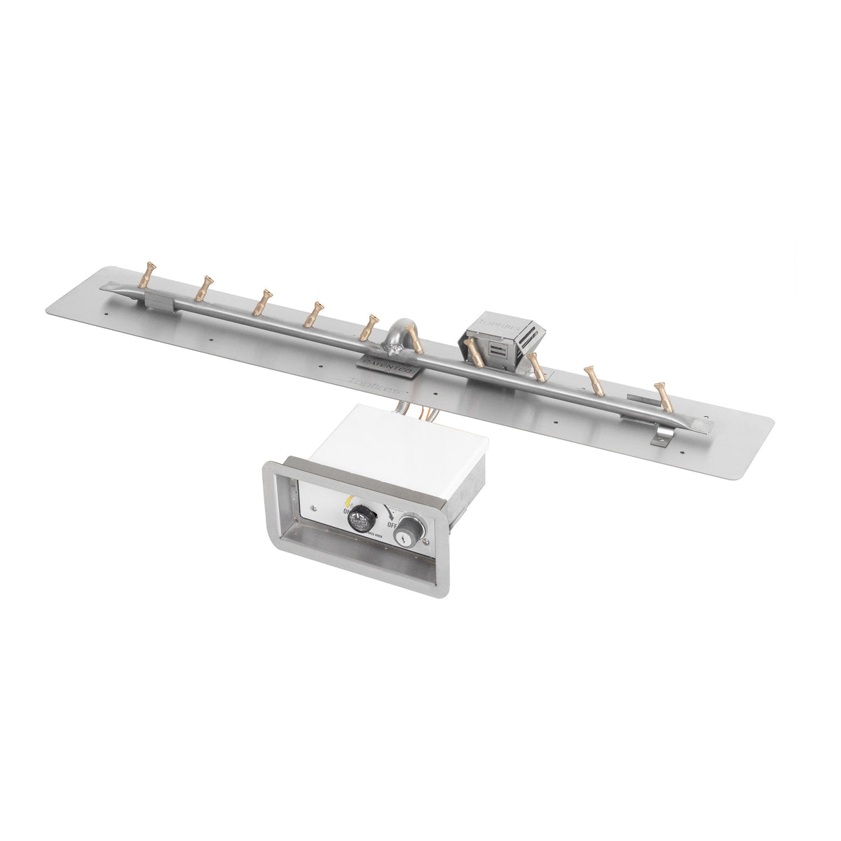 Rectangular flat pan with brass linear bullet burner, Flame Sense w/ Spark Ignition