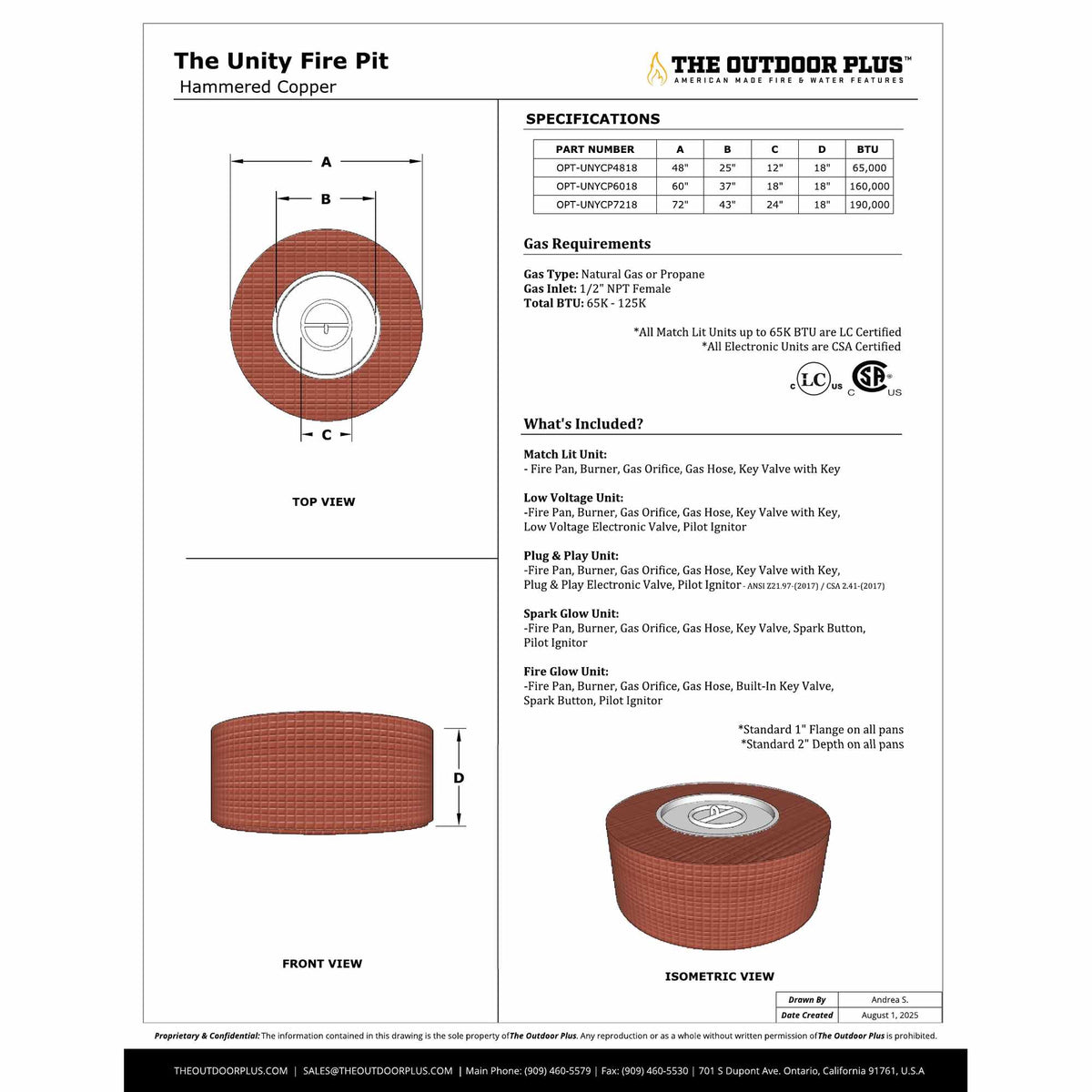 Unity Fire Pit 18" Tall spec sheet with dimensions