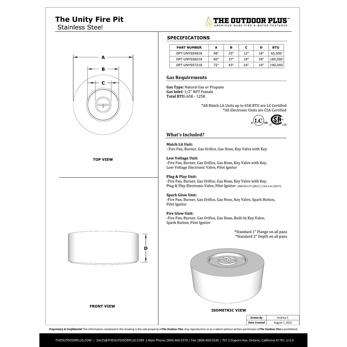 Unity Fire Pit 18" Tall spec sheet with dimensions