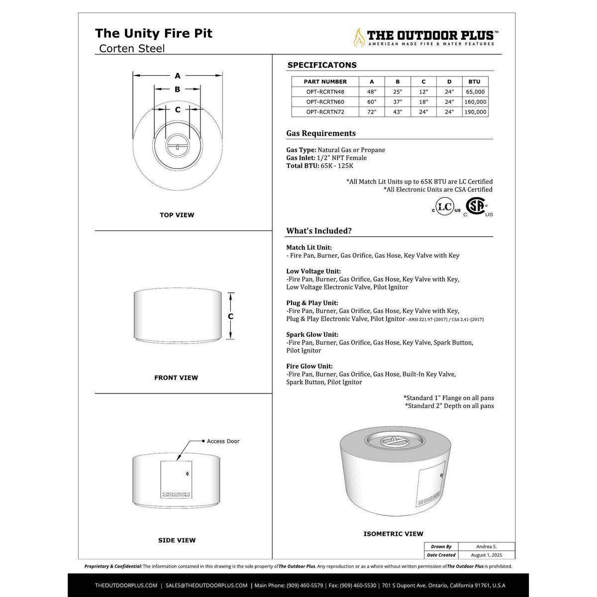 Unity Fire Pit 24" Tall spec sheet with dimensions