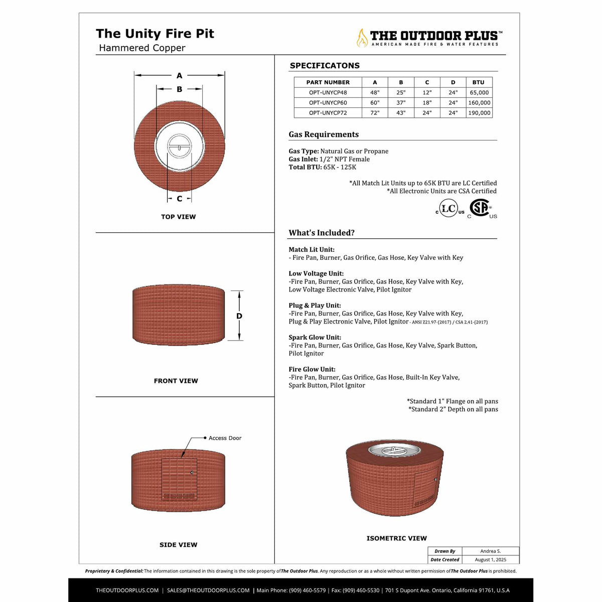 Unity Fire Pit 24" Tall spec sheet with dimensions