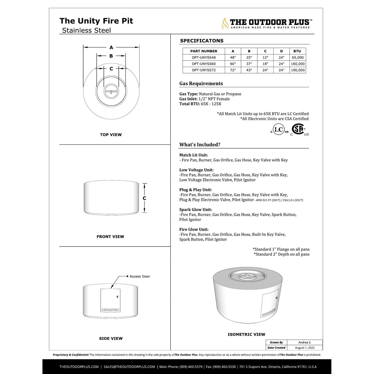 Unity Fire Pit 24" Tall spec sheet with dimensions