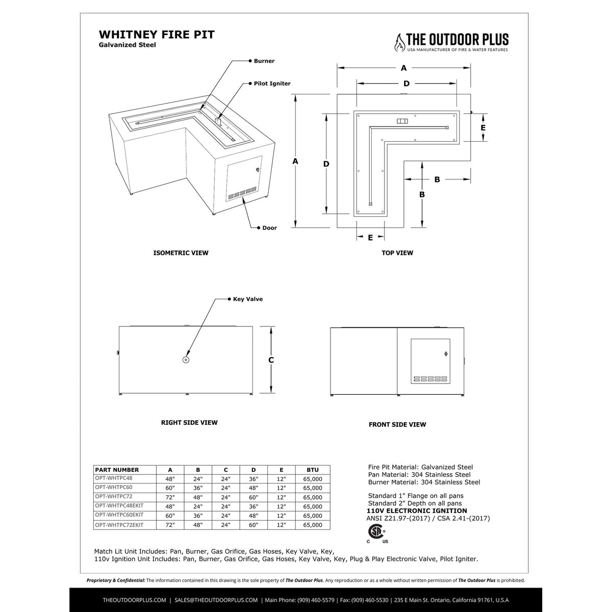 Whitney Fire Pit spec sheet with dimensions
