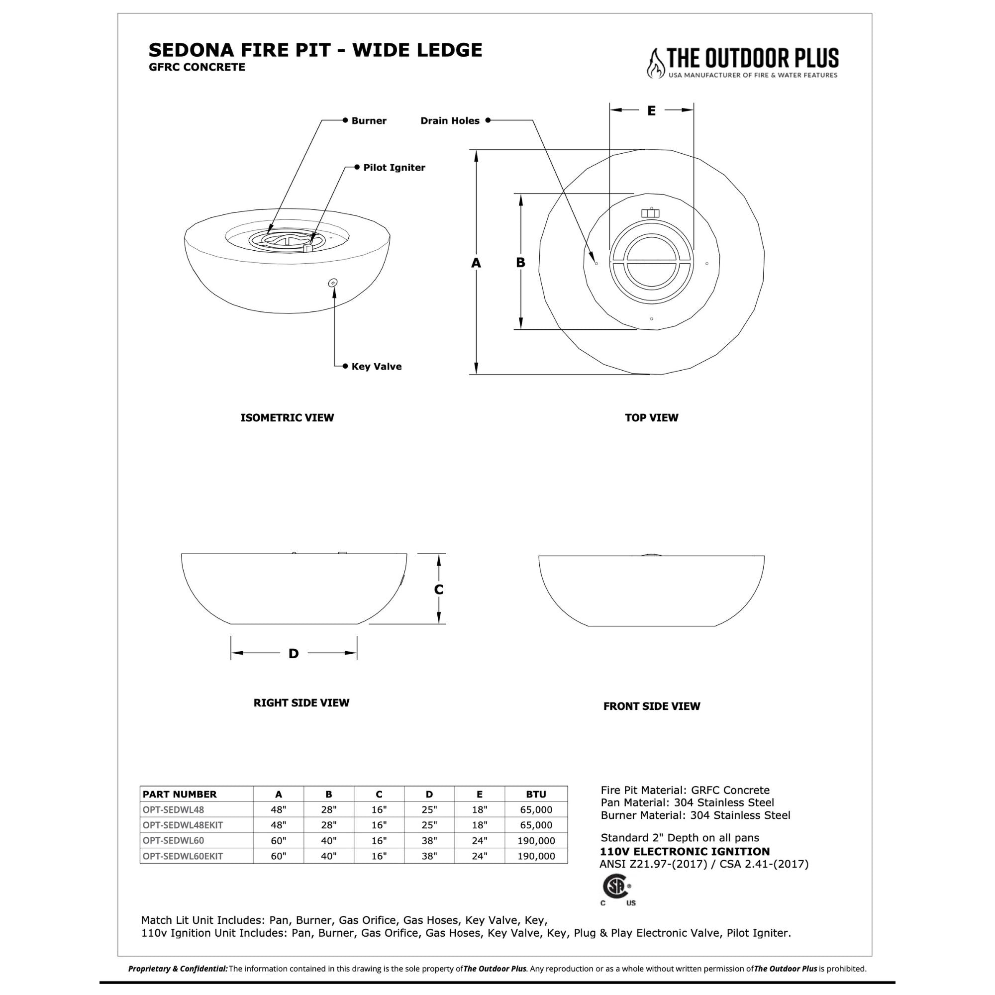 Technical drawing of a Sedona fire pit with dimensions and specifications.